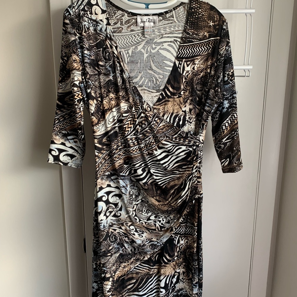 Joseph Ribkoff Black White Brown Mixed-Print Long Sleeve Dress